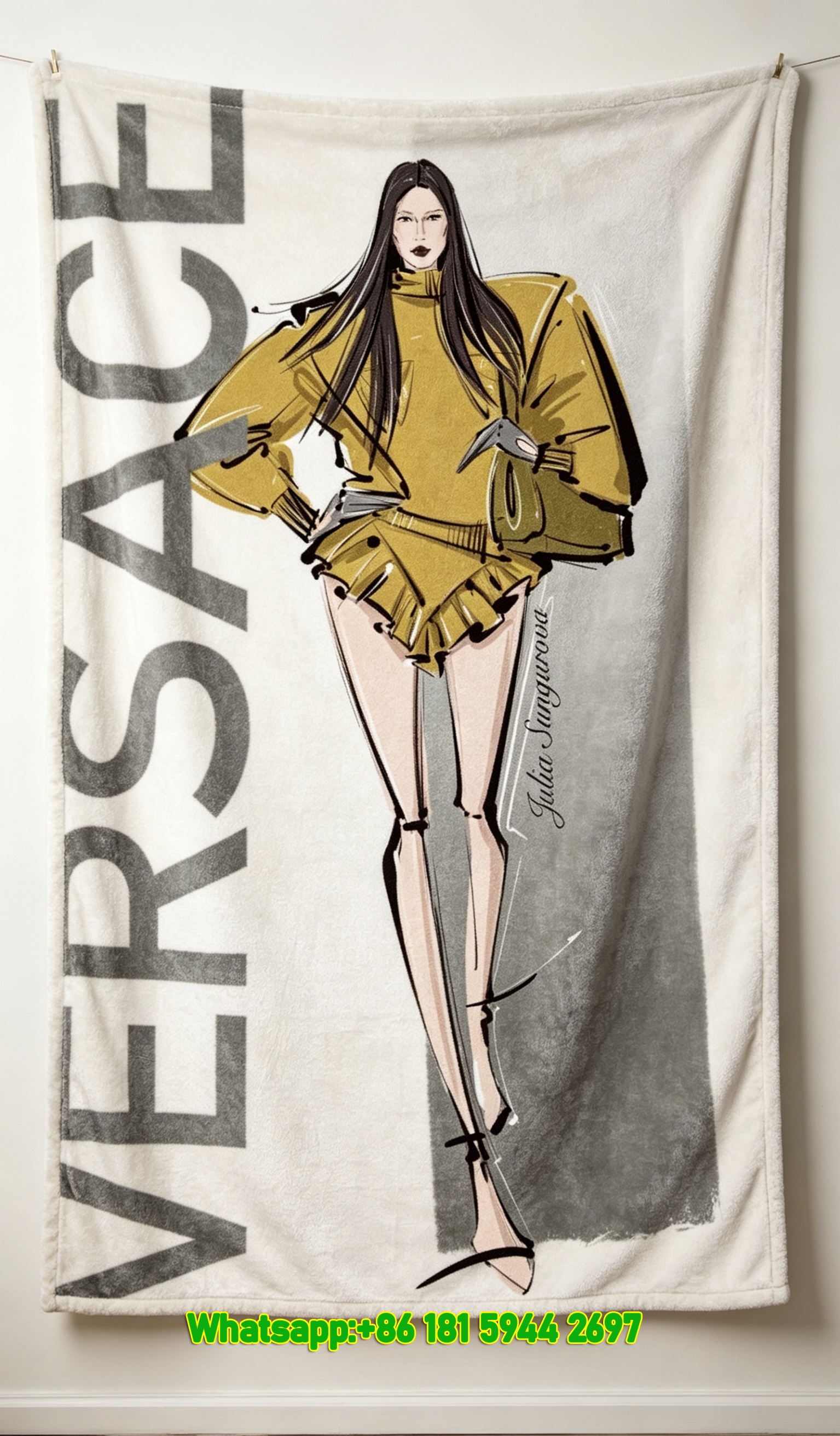 Versace Mustard Yellow Runway Fashion Illustration Print Flannel Throw Blanket Luxury Sofa Cover Blanket IMG_1675